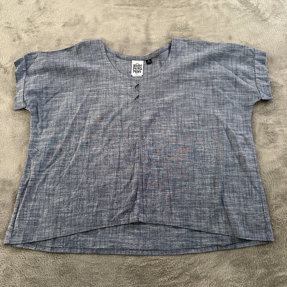 Sara Bergman Blue Cotton Cutout Short Sleeve Shirt Blouse MEDIUM Lagenlook